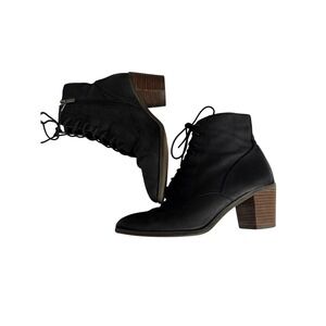 Lucky Brand Persee Black Leather Lace Up Ankle Boots Side Zip Block Heel 10M